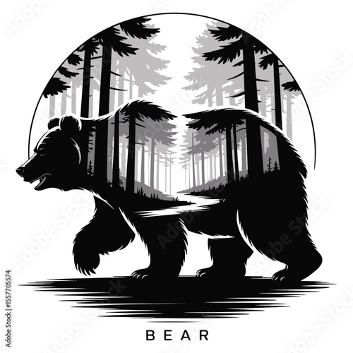 Bear walking silhouette with forest double exposure effect for nature and wildlife design