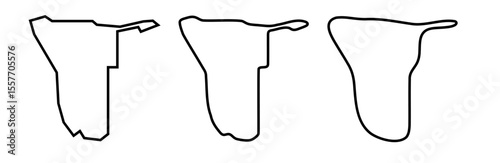 Namibia country black outline silhouettes in three different levels of smoothness. Simplified maps. Vector icons isolated on white background.