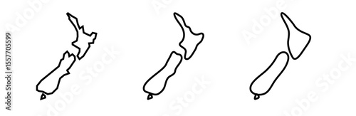 New Zealand country black outline silhouettes in three different levels of smoothness. Simplified maps. Vector icons isolated on white background.