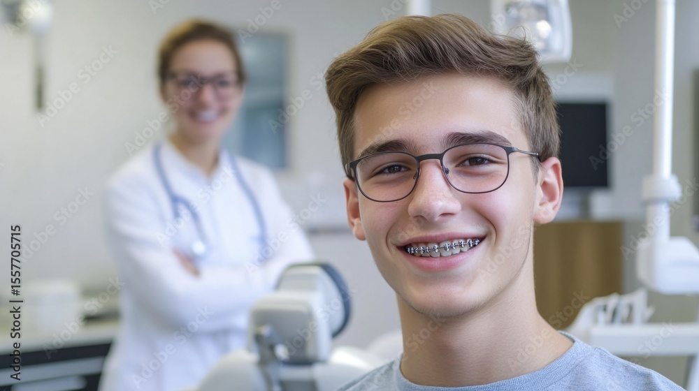 Obraz premium Young happy teenage boy with braces on his teeth smiling confidently in a bright modern dental clinic, with a professional orthodontist in glasses standing in the background, looking supportive. High