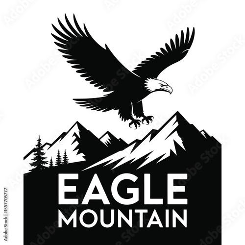 Bald eagle silhouette soaring above rugged mountains in minimalist vector illustration