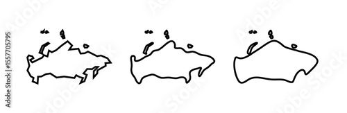 Russia country black outline silhouettes in three different levels of smoothness. Simplified maps. Vector icons isolated on white background.