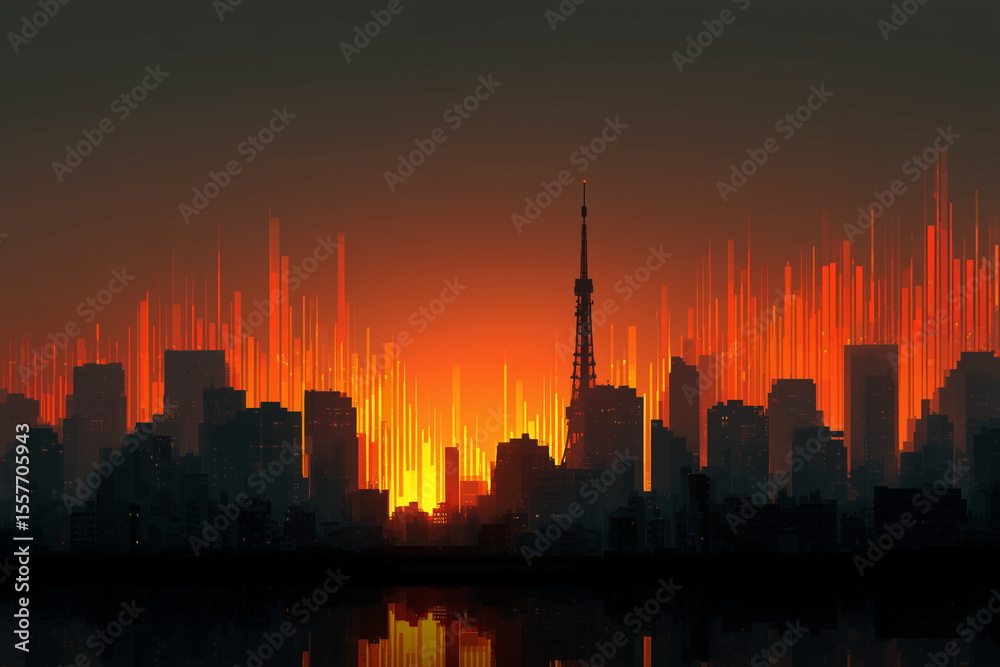 Fototapeta premium Japanese city skyline at sunset with futuristic data graphics overlay, smart city style