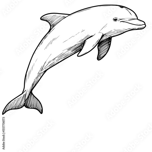 Dolphin leaping out of water. Elegant dolphin sketch in black and white. World Whale Day celebration image for marine life conservation.