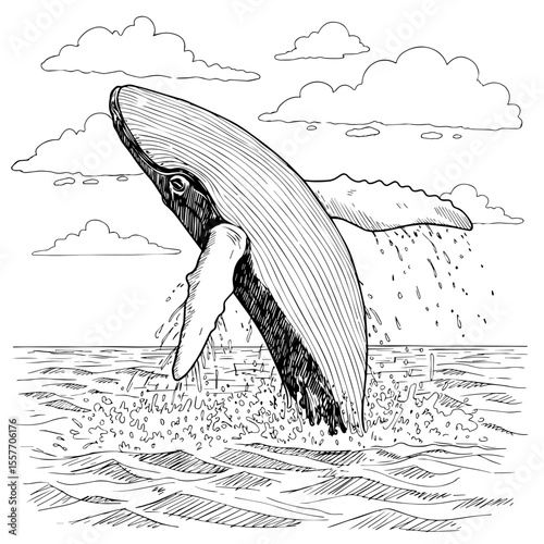 Humpback whale Megaptera novaeangliae breaching ocean surface. Majestic humpback whale leaping high out water. Powerful humpback whale image for World Whale and Dolphin Day celebrations.