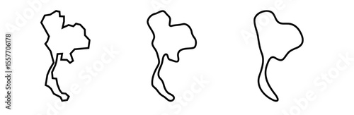 Thailand country black outline silhouettes in three different levels of smoothness. Simplified maps. Vector icons isolated on white background.