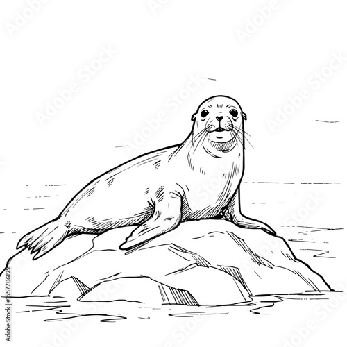 California sea lion Zalophus californianus resting on rock near ocean. Sea lion illustration perfect for World Whale and Dolphin Day educational materials.