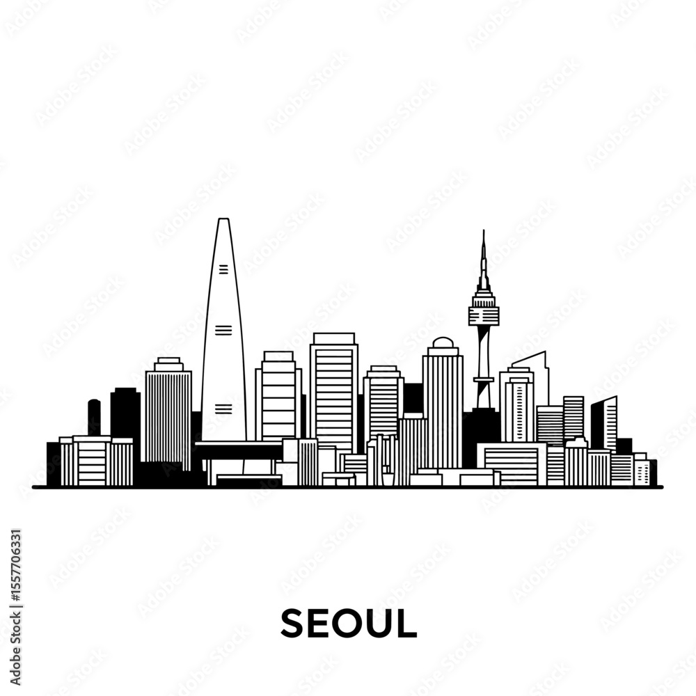 Naklejka premium Seoul skyline illustration. Cityscape graphic design for South Korea Constitution Day. Simple black and white Seoul cityscape perfect for banners, posters, or social media.