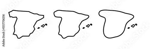 Spain country black outline silhouettes in three different levels of smoothness. Simplified maps. Vector icons isolated on white background.