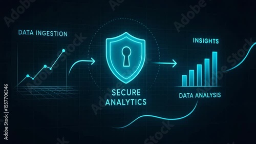 A futuristic illustration of secure analytics showcasing data ingestion, insights, and data analysis with a shield symbolizing protection over collected data.