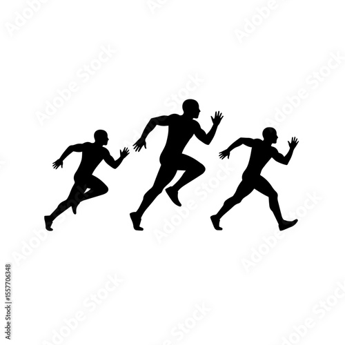 Three runners silhouettes sprint race competition.  Runners compete in a fast race.  Silhouettes of athletes running depict speed and power. This image is perfect for sports websites and magazines.
