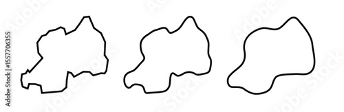 Rwanda country black outline silhouettes in three different levels of smoothness. Simplified maps. Vector icons isolated on white background.
