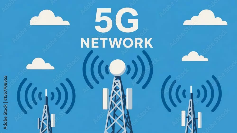 A digital illustration of a 5G network with communication towers against a blue sky. The image showcases modern technology and advancements in mobile connectivity.
