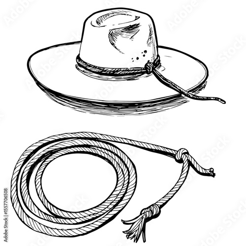 Argentine Independence Day hat and lasso. Traditional gaucho hat and braided lasso on white background.  Patriotic Argentine Independence Day illustration for greeting cards or posters.