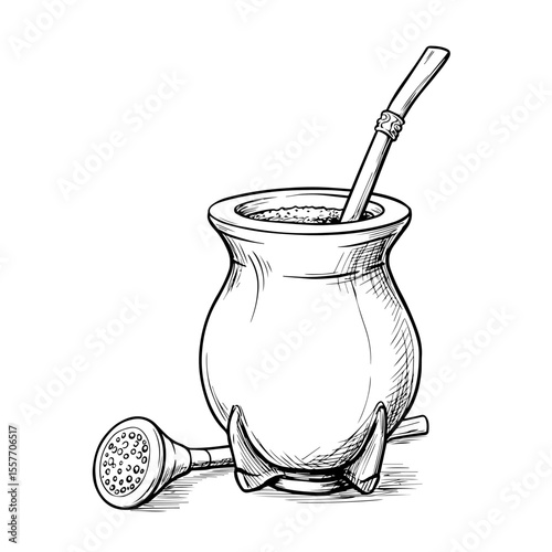 Argentinian Independence Day celebration includes traditional mate drink in gourd. Festive mate ceremony features bombilla straw and traditional mate cup.