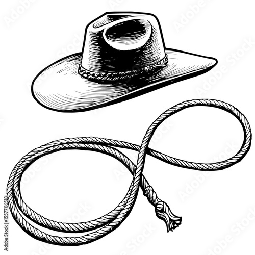 Argentinian Independence Day cowboy hat and lasso.  Traditional Argentinian Independence Day symbols: brown cowboy hat and braided lasso.