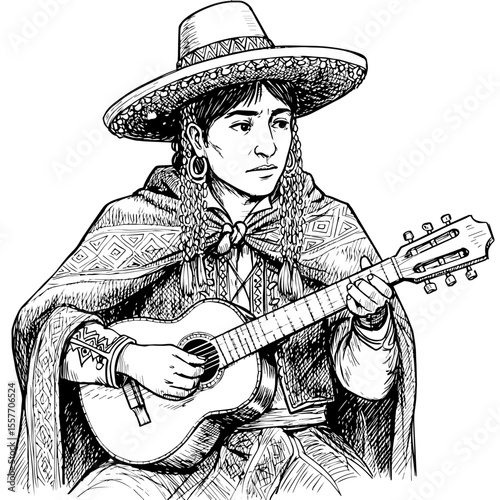 Peruvian Independence Day celebration features woman playing traditional guitar.  A young woman in traditional Peruvian clothing serenades with a classic guitar.