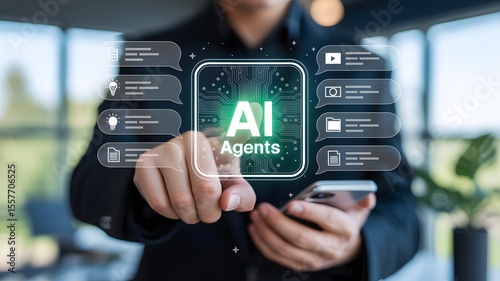 AI Agent Interactive: A person interacts with an AI agent interface, a conceptual blend of technology and human engagement. The scene depicts futuristic technology in use. 