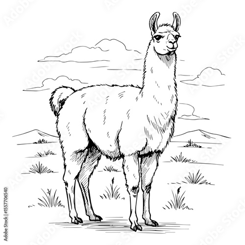 Peruvian llama illustration.  Llama in Andean landscape, perfect for Peruvian Independence Day celebrations.  This charming llama graphic is ideal for postcards, greeting cards,