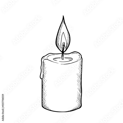 Lit candle sketch for International Cake Day celebration.  Simple candle drawing with melting wax.  Elegant candle illustration perfect for bakery logos, cake shop branding, and dessert menu design.