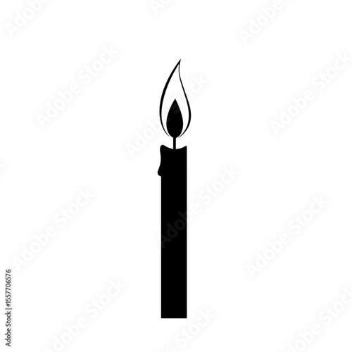 Single burning candle. Lit candle flame symbolizes hope and remembrance. Perfect candle image for cards and invitations for celebrations.