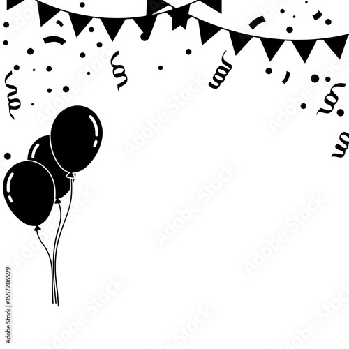 Elegant black balloons and party bunting for cake day celebration. Stylish black and white party decorations perfect for International Cake Day invitations or announcements.