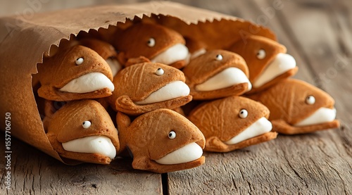 Vibrant photo of bag of fish-shaped cookies with white cream filling, arranged on the table in an artistic way. The bag is made from brown paper and has visible teeth marks.