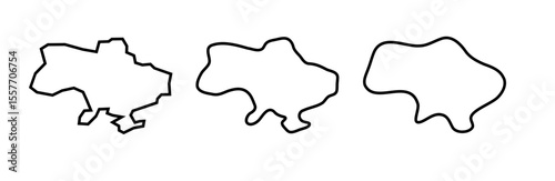 Ukraine country black outline silhouettes in three different levels of smoothness. Simplified maps. Vector icons isolated on white background.