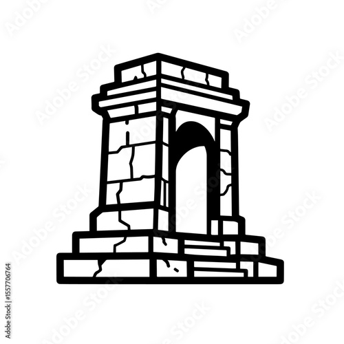 Belgian National Day monument illustration. This detailed line drawing shows a stone archway typical of Belgian architecture.  Perfect for patriotic publications, historical textbooks,