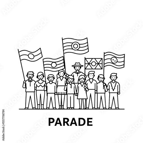 People gathered for festive celebration parade, holding flags, showing national pride. Line art illustration depicts diverse crowd participating in street parade honoring Belgium National Day.