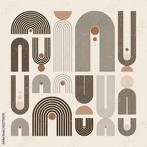 Arch and circle elements, modern geometric shapes. Contemporary design, mid century minimalist art. Trendy design elements for wall decor, posters, books, covers and flyers. Vector illustration