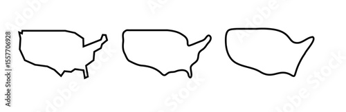 United States of America country black outline silhouettes in three different levels of smoothness. Simplified maps. Vector icons isolated on white background.