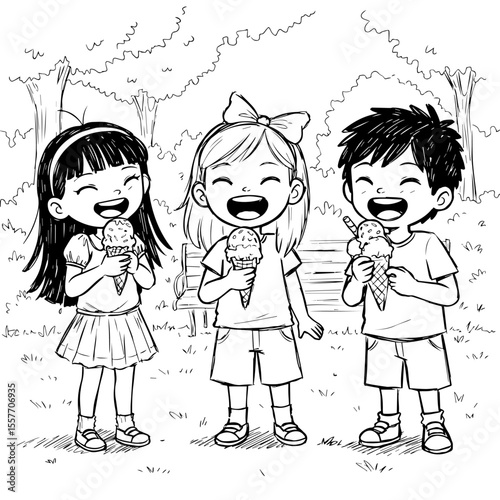 Smiling children celebrating National Ice Cream Day, enjoying their frosty treats. Three happy kids hold ice cream cones, embodying summer fun and childhood delight.