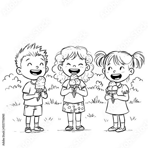 Smiling children enjoy ice cream cones, celebrating National Ice Cream Day. Each happy child holds frozen dessert, a joyful scene marking National Ice Cream Day.