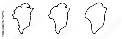 Greenland black outline silhouettes in three different levels of smoothness. Simplified maps. Vector icons isolated on white background.
