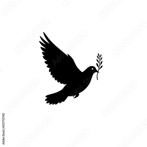 Dove carrying olive branch peace symbol.  Peaceful dove silhouette design for international day of peace celebration. Elegant dove image for social media post promoting peace and unity.