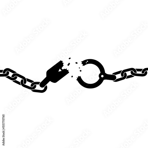 Broken chain symbolizing freedom and independence.  Chain link broken into pieces representing overcoming adversity and achieving liberation.