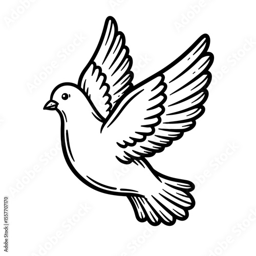 Peace dove in flight, symbol of hope and freedom.  Elegant line art illustration of bird, perfect for international day of peace celebrations. This design is suitable for posters, cards,