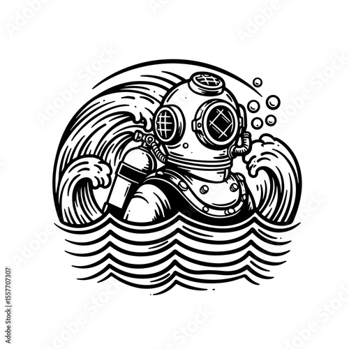 Vintage diving helmet emerges from ocean waves, old fashioned suit visible. Classic diving helmet, with round viewport, represents deep sea exploration for Shark Awareness Day.