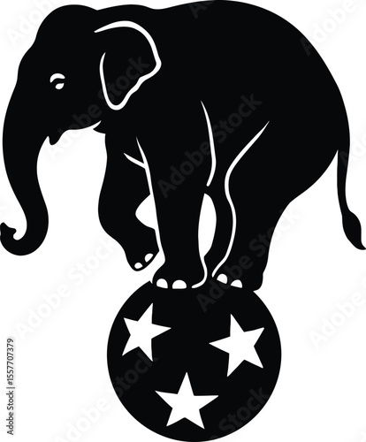 Majestic Elephant Balancing on a Starry Ball A Striking Silhouette Illustration