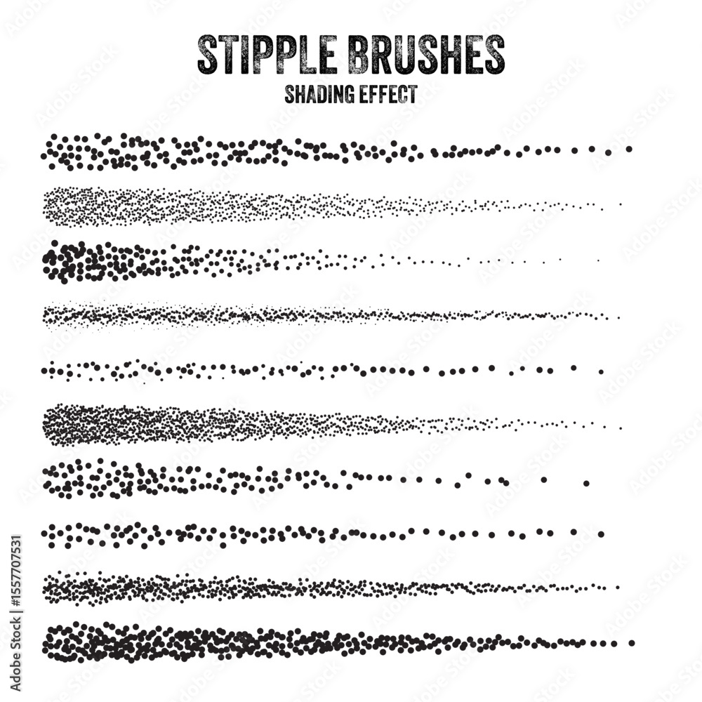 Fototapeta premium Ink scatter brush, stipple drawing and texturing. Fading gradient. Stippling, dotwork drawing, shading using dots. Halftone disintegration effect. White noise grainy texture. Vector illustration