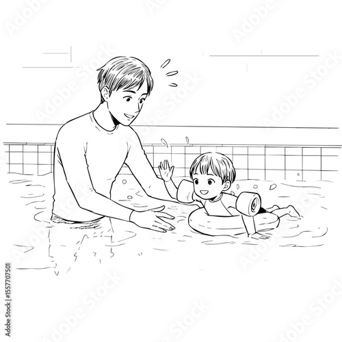 Father teaching child to swim in pool using flotation device.  Learning water safety with dad.  Safe swimming lessons for kids. World Drowning Prevention Day initiative for safer pools.