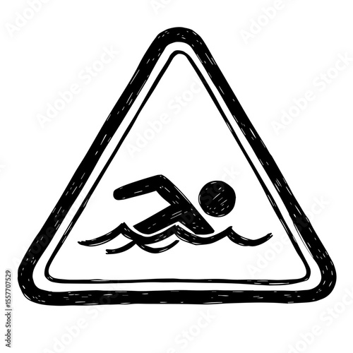 Water safety warning sign illustration. Triangular warning symbol depicts person swimming in wavy water. Simple graphic design for public awareness campaigns, educational materials,