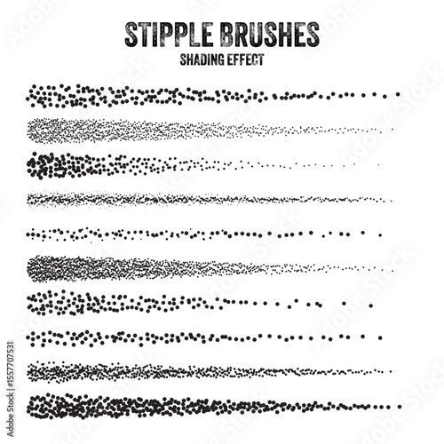 Ink scatter brush, stipple drawing and texturing. Fading gradient. Stippling, dotwork drawing, shading using dots. Halftone disintegration effect. White noise grainy texture. Vector illustration