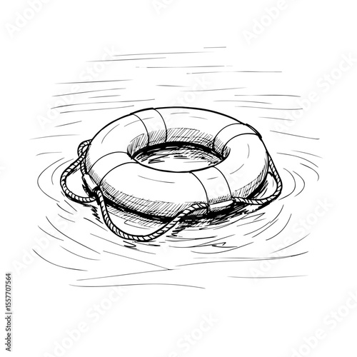 Life preserver floating on calm water.  Life ring illustration perfect for safety awareness campaigns and educational materials.  Water safety graphic for World Drowning Prevention Day.