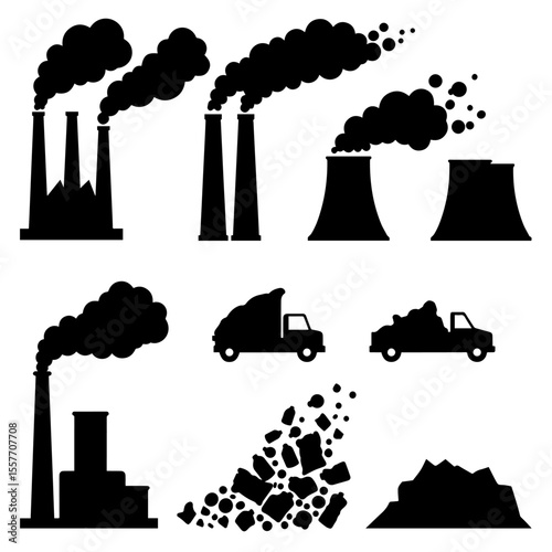 Environmental pollution icons set.  Industrial pollution symbols depict factories, power plants, and trucks emitting smoke and waste.
