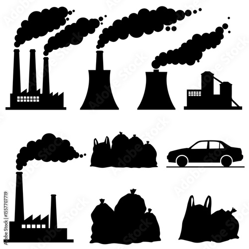 Pollution icons set. Environmental pollution concept includes industrial factory, power plant, garbage bags, and car exhaust.