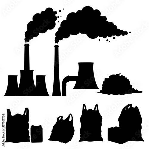 Environmental pollution concept. Factory smokestacks emitting dark smoke and plastic bags polluting environment.