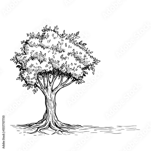 Hand drawn tree illustration with detailed roots and leaves. Nature conservation image perfect for ecological projects and environmental awareness campaigns.