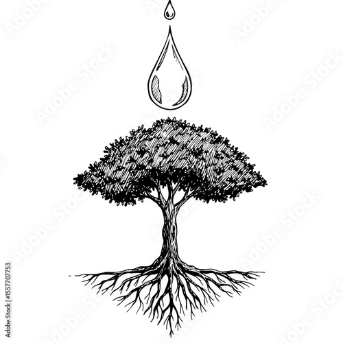 Water drop above tree roots illustration.  Nature conservation concept image showing water droplet and tree with extensive root system.